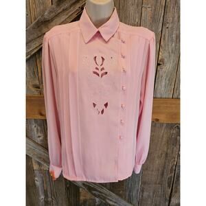 Vintage baby Pink 1980s Secretary Blouse with Cutout Embroidery size 13 L/S ^